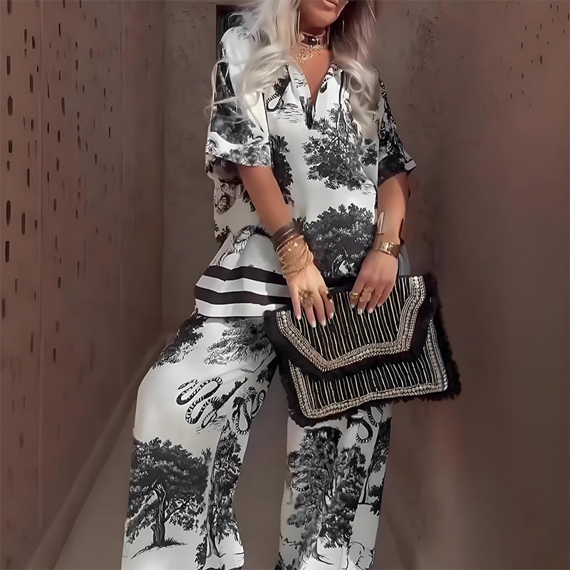 Elegant and Lightweight V-Neck Top with Long Trousers – Perfect for Summer